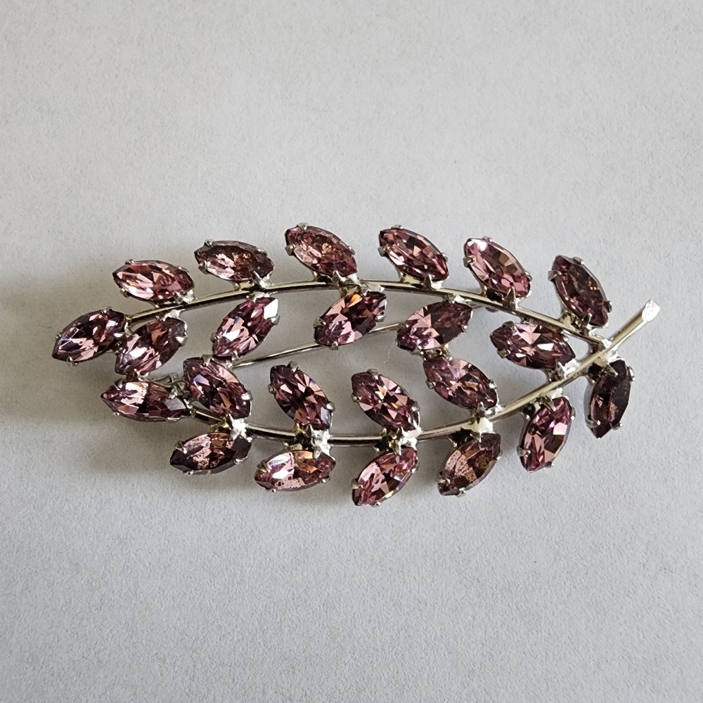 Vintage B.David Brooch Pin with light purple Crystals in a Leaf Style.